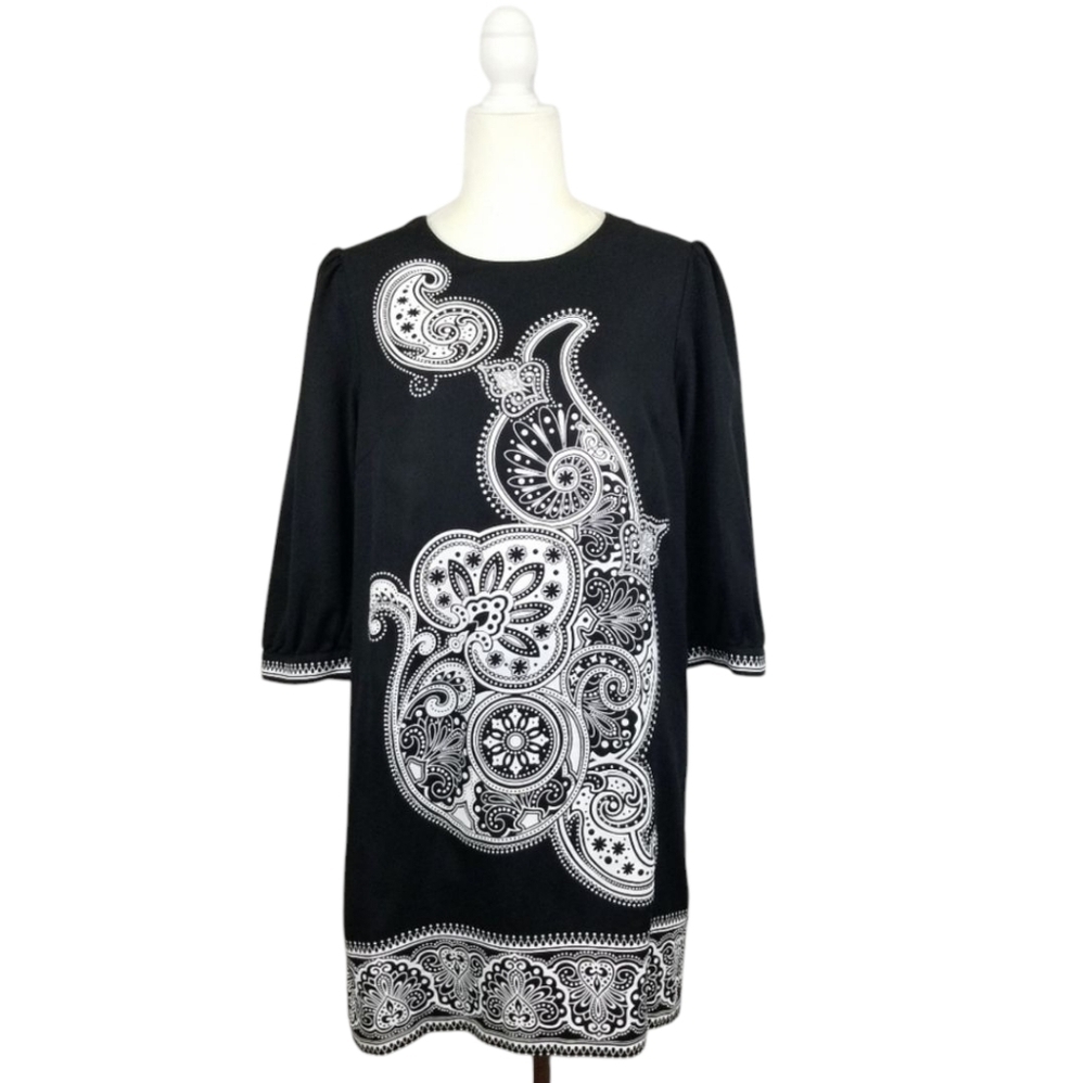 Tibi black white paisley print shift style 3/4 sleeve mini dress women's size 10